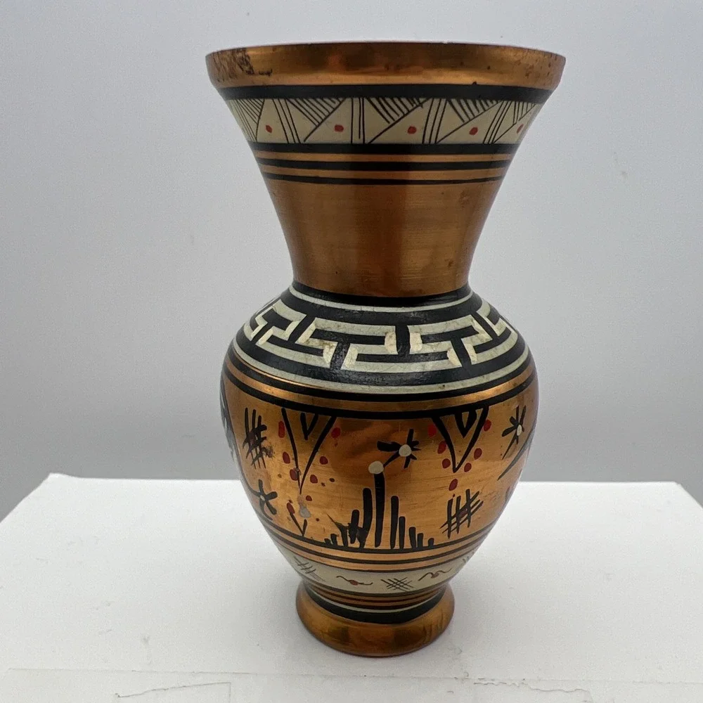 Vintage Greek Copper Vase Hand Made Painted in Greece 4 3/4